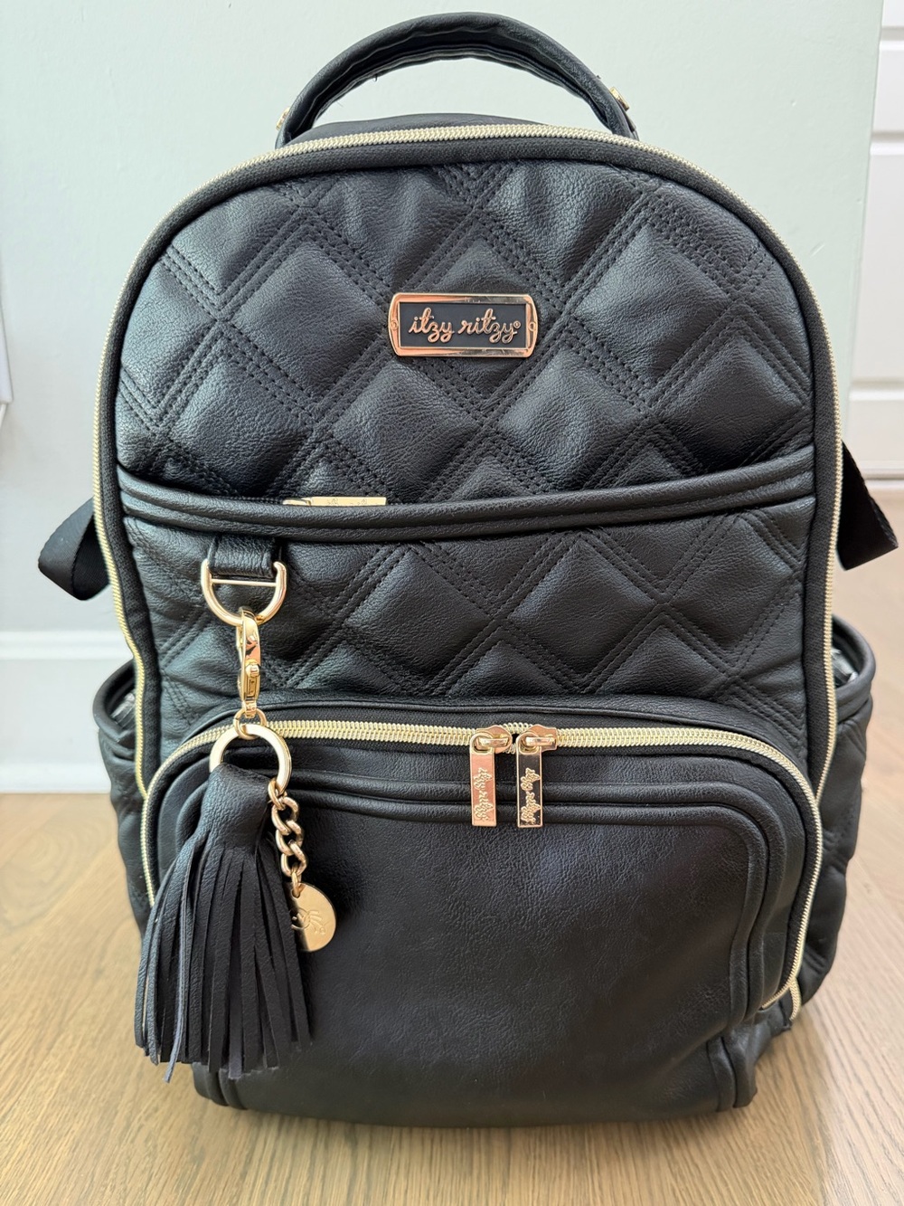 Itzy Ritzy Black Quilted Backpack with Gold Hardware